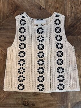 Zara Cream Crochet Tank Top with Black Floral Stripes